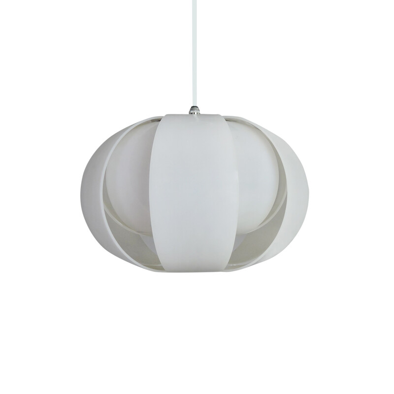 Vintage pendant lamp in white plastic and chromed metal