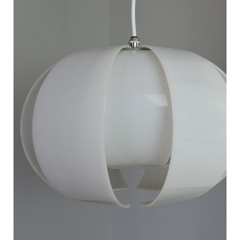 Vintage pendant lamp in white plastic and chromed metal