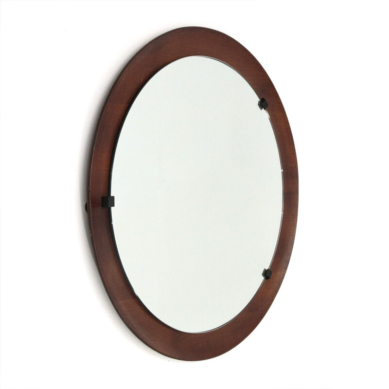 Vintage Italian round curved plywood mirror