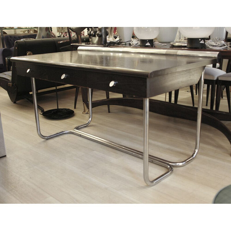 Vintage desk in tubular chrome metal and wood, Italy 1970