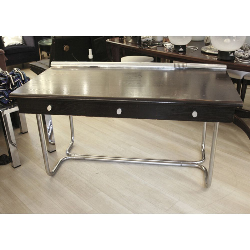 Vintage desk in tubular chrome metal and wood, Italy 1970