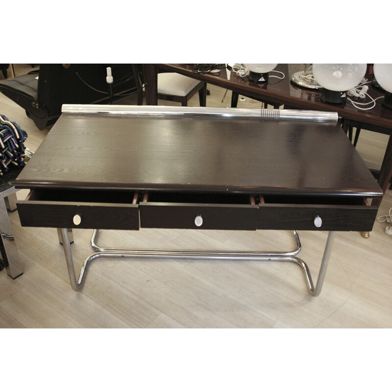 Vintage desk in tubular chrome metal and wood, Italy 1970