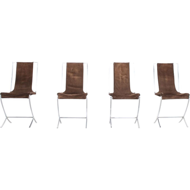 Lot de 4 chaises vintage en nubuck et acier par Pierre Cardin pour Maison Jansen, 1970