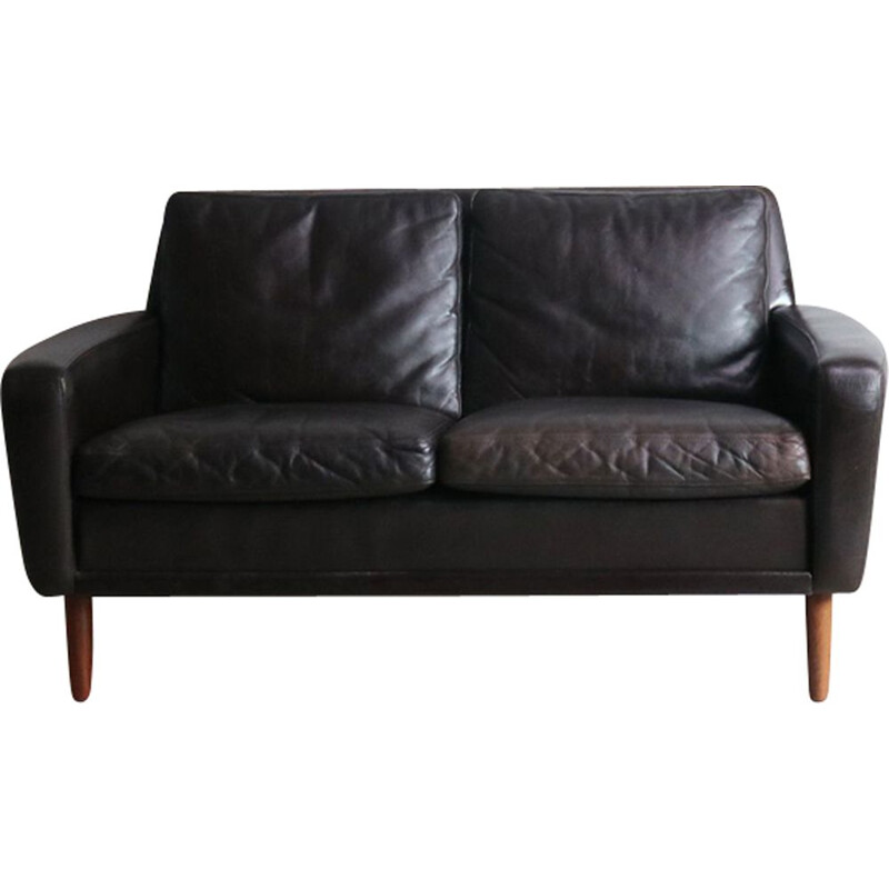 Vintage black leather Danish sofa