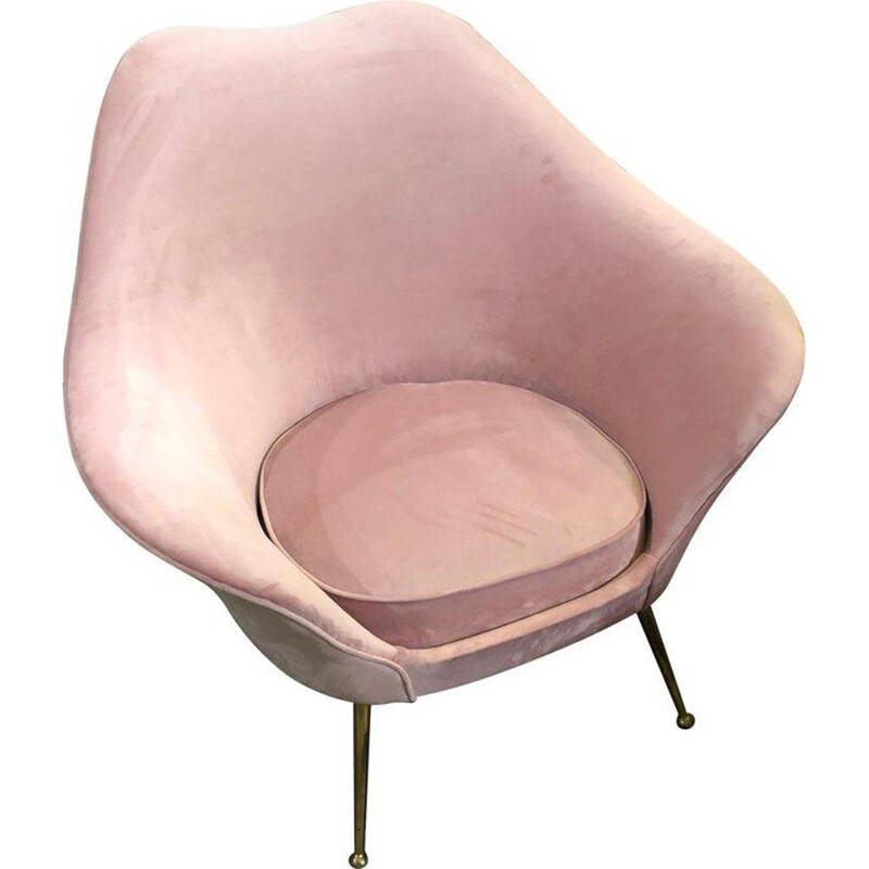 Sillón vintage de terciopelo rosa y latón, Italia