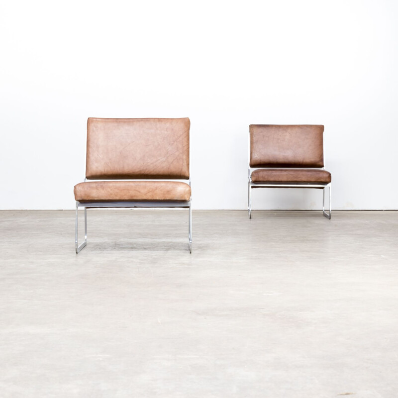 Pair of armchairs vintage steel and leather by Paul Sumi for Lübke & Rolf
