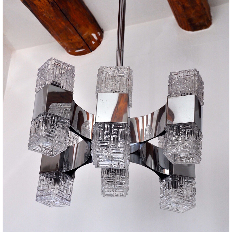 Vintage chromed and glass chandelier, 6 arms, 1960