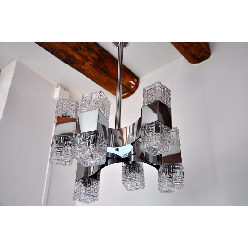 Vintage chromed and glass chandelier, 6 arms, 1960