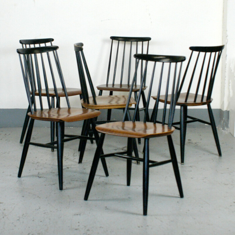 Set of six vintage dining chairs in teak and black lacquer