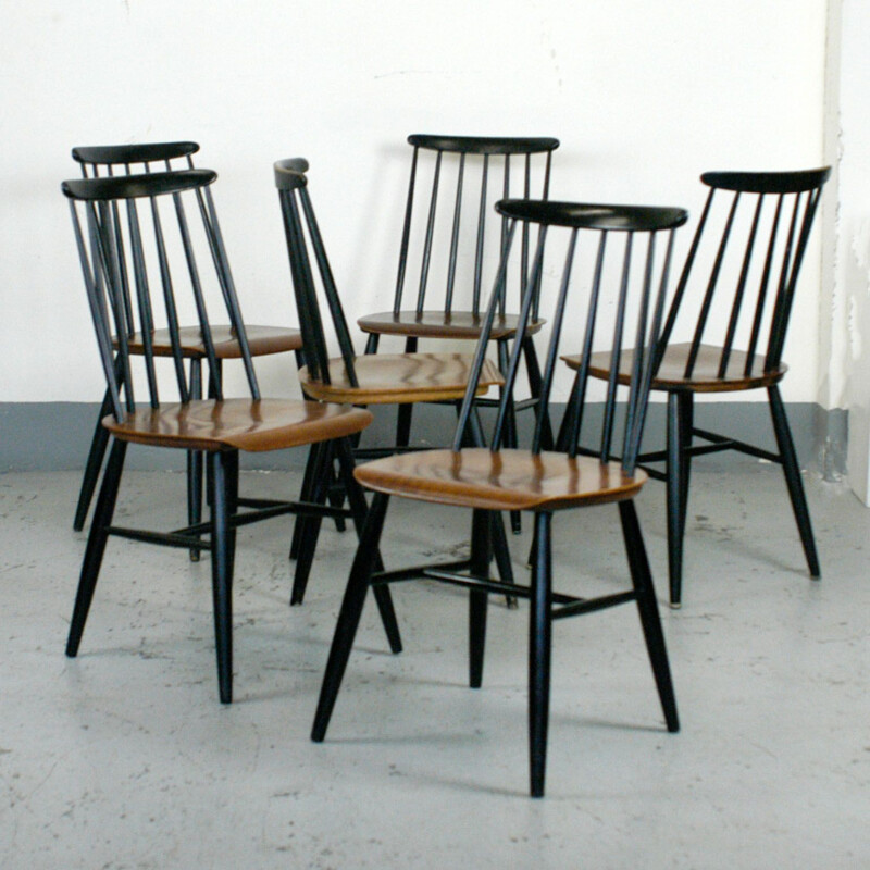 Suite de six chaises à repas vintage en teck et laque noire