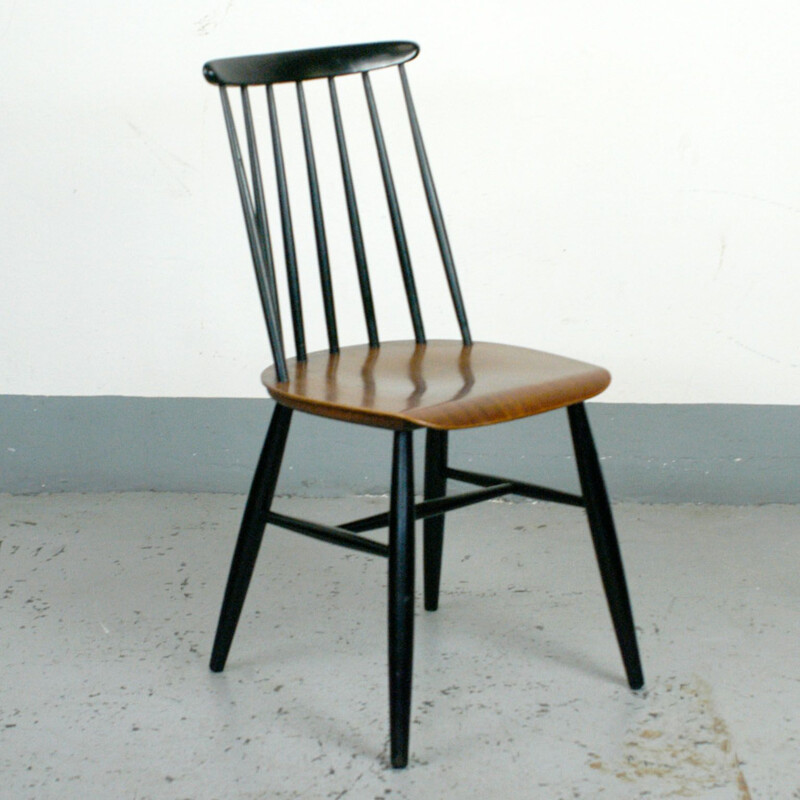 Set of six vintage dining chairs in teak and black lacquer