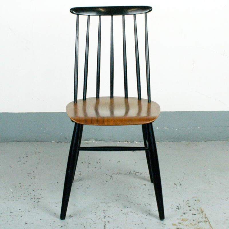 Set of six vintage dining chairs in teak and black lacquer