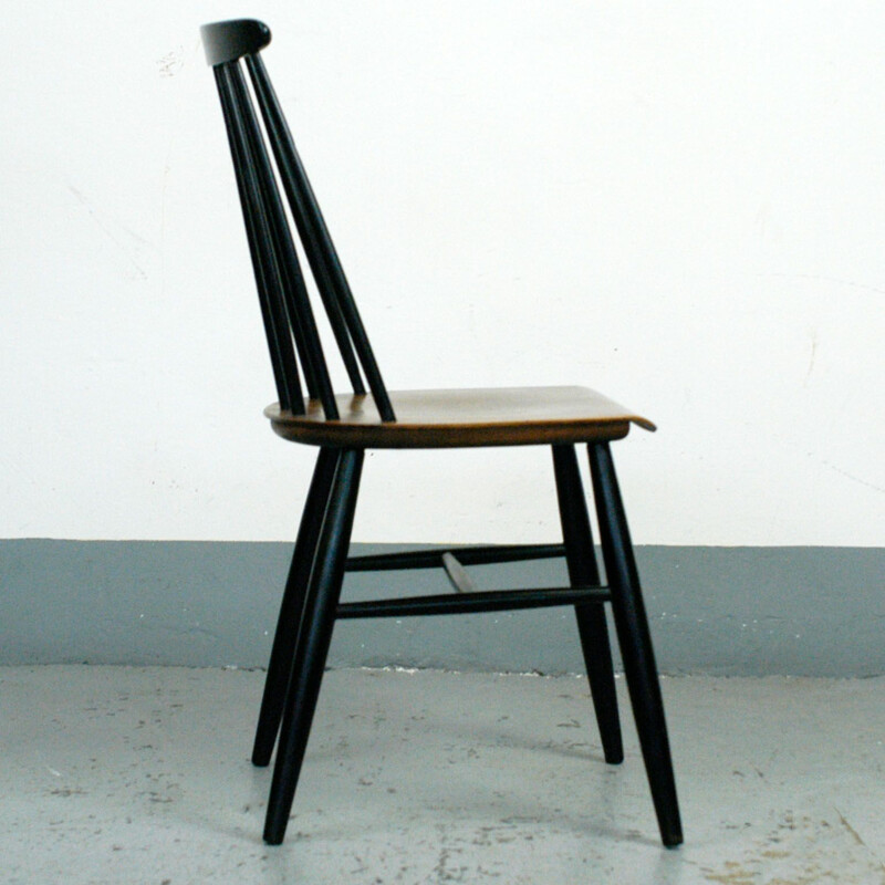 Set of six vintage dining chairs in teak and black lacquer