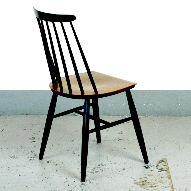 Set of six vintage dining chairs in teak and black lacquer