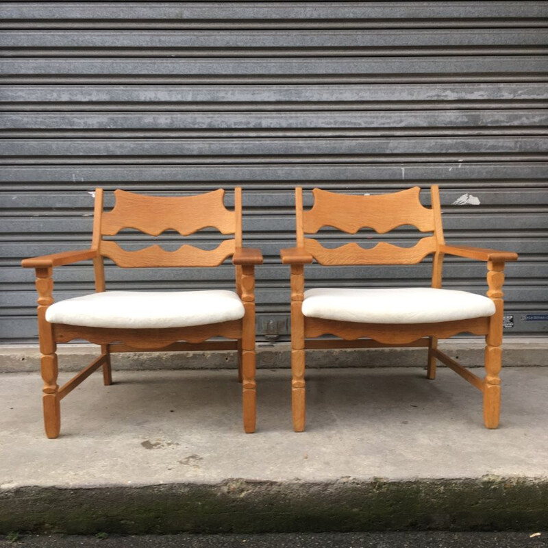 Pair of "Razor blade" chairs by Henning Kjaernulf made of alpaca velvet