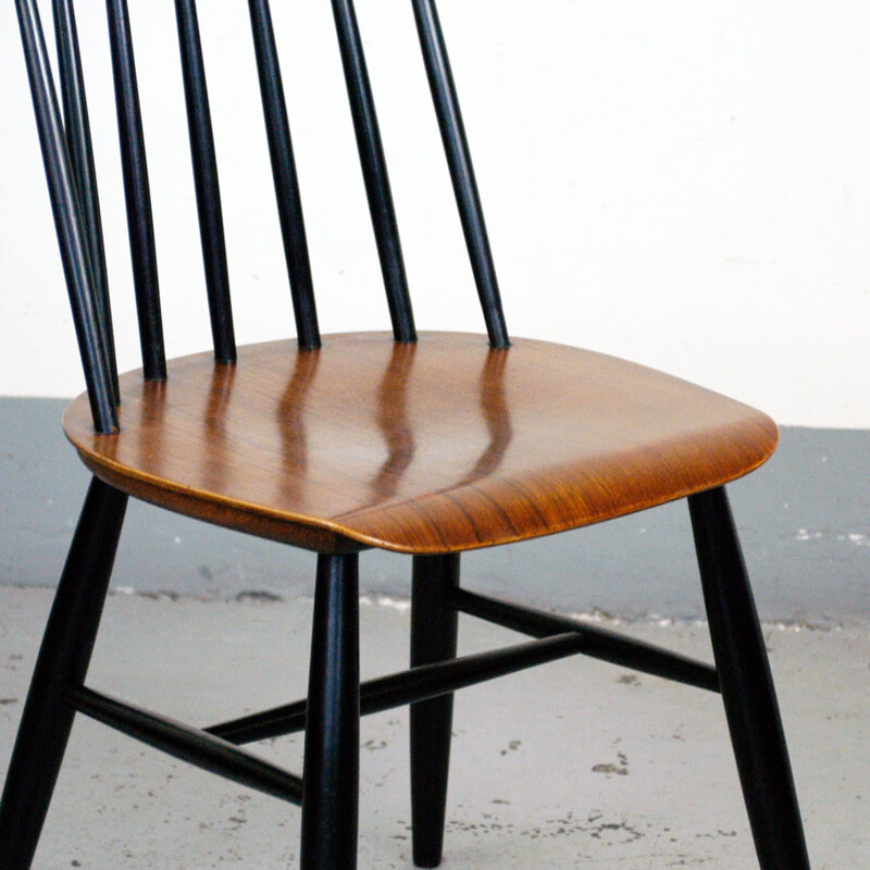 Set of six vintage dining chairs in teak and black lacquer