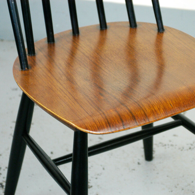 Set of six vintage dining chairs in teak and black lacquer