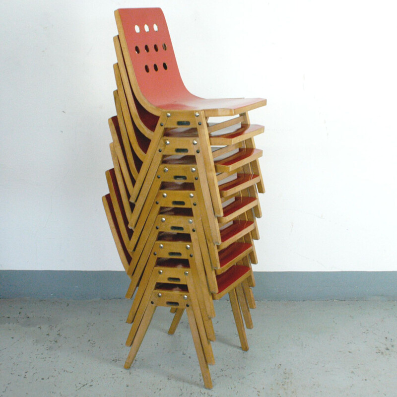 Set of 8 Stackable vintage chairs by Roland Rainer red lacquered Austria