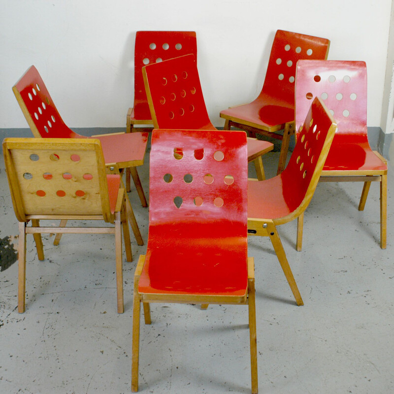 Set of 8 Stackable vintage chairs by Roland Rainer red lacquered Austria