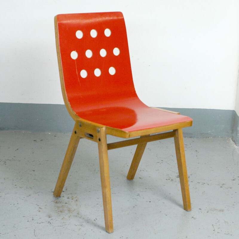 Set of 8 Stackable vintage chairs by Roland Rainer red lacquered Austria