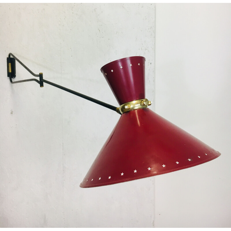 Vintage Diabolo sconce for Lunel in brass and red steel