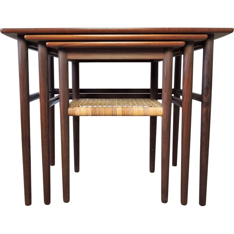 Vintage teak and cane nesting table, Denmark 1950