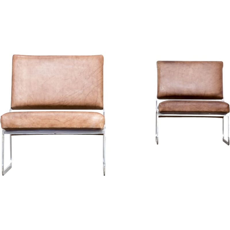 Pair of armchairs vintage steel and leather by Paul Sumi for Lübke & Rolf