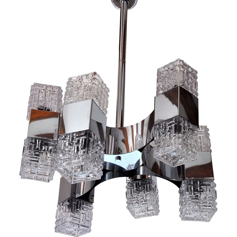Vintage chromed and glass chandelier, 6 arms, 1960