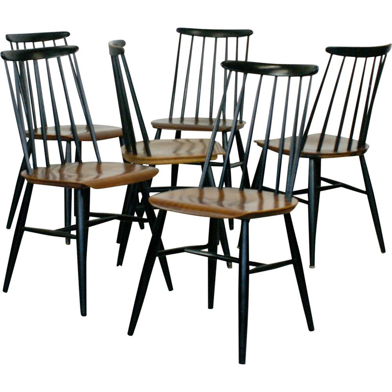 Set of six vintage dining chairs in teak and black lacquer