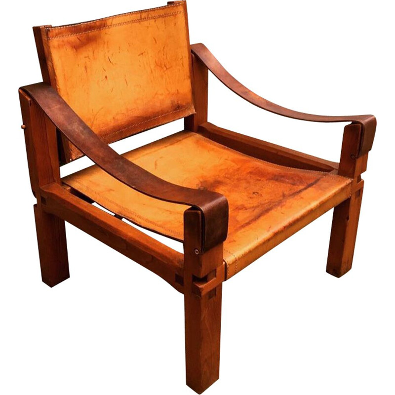 Vintage armchair S10 "Sahara" in leather and elm by Pierre Chapo Circa 1960