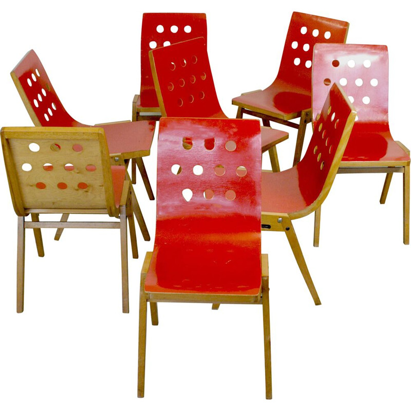 Suite de chaises vintage empilable Roland Rainer laqué rouge Autriche