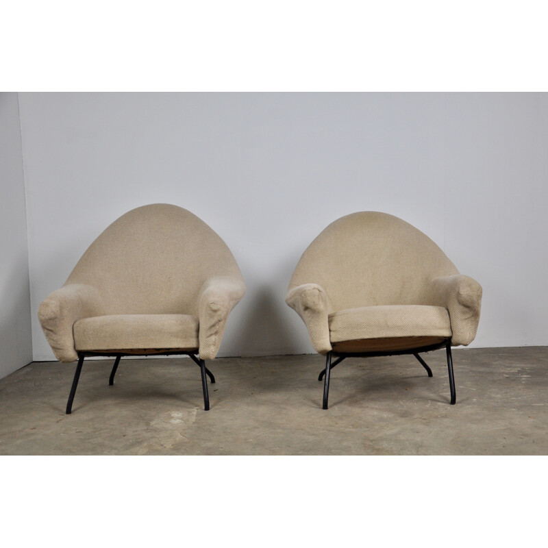 Pair of armchairs in beige fabric by Joseph-André Motte for Steiner