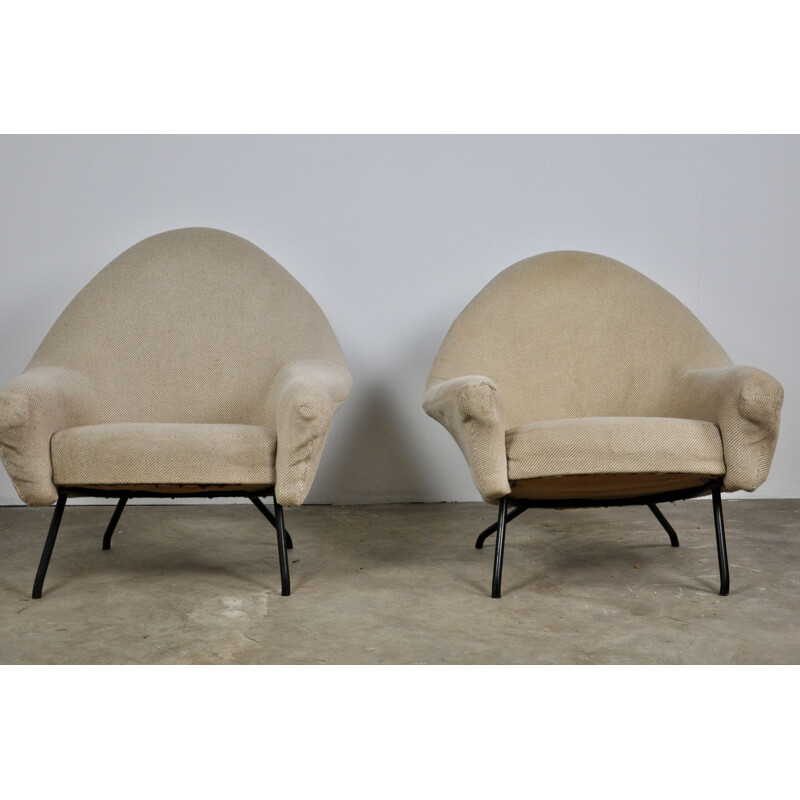 Pair of armchairs in beige fabric by Joseph-André Motte for Steiner