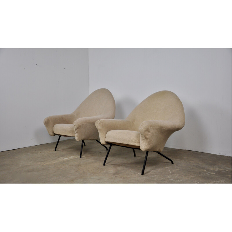 Pair of armchairs in beige fabric by Joseph-André Motte for Steiner