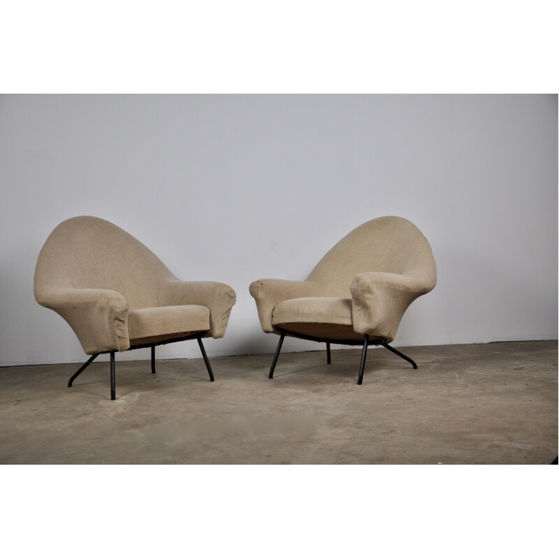 Pair of armchairs in beige fabric by Joseph-André Motte for Steiner