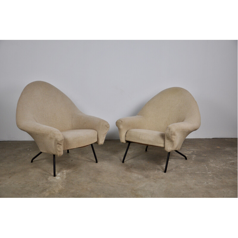 Pair of armchairs in beige fabric by Joseph-André Motte for Steiner