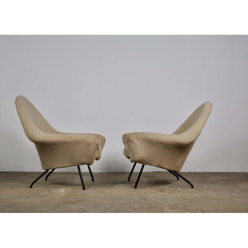 Pair of armchairs in beige fabric by Joseph-André Motte for Steiner