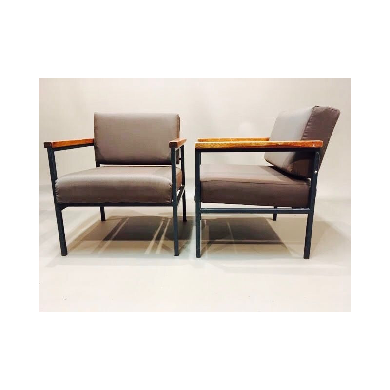 Pair of vintage armchairs in metal and teak