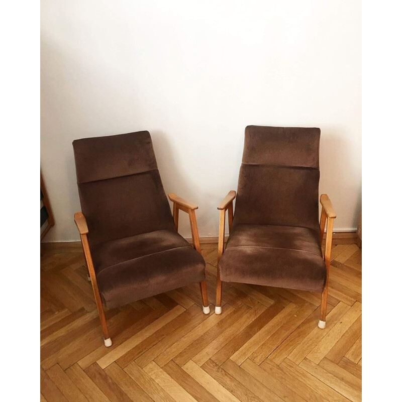 Pair of light brown velvet armchairs