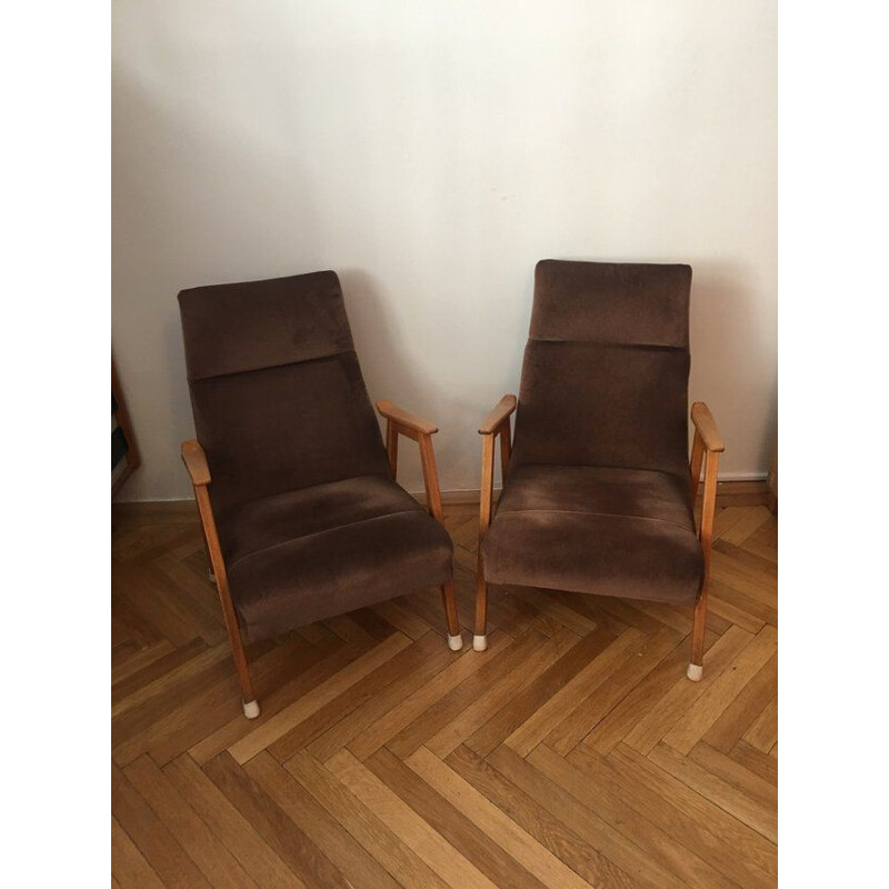 Pair of light brown velvet armchairs