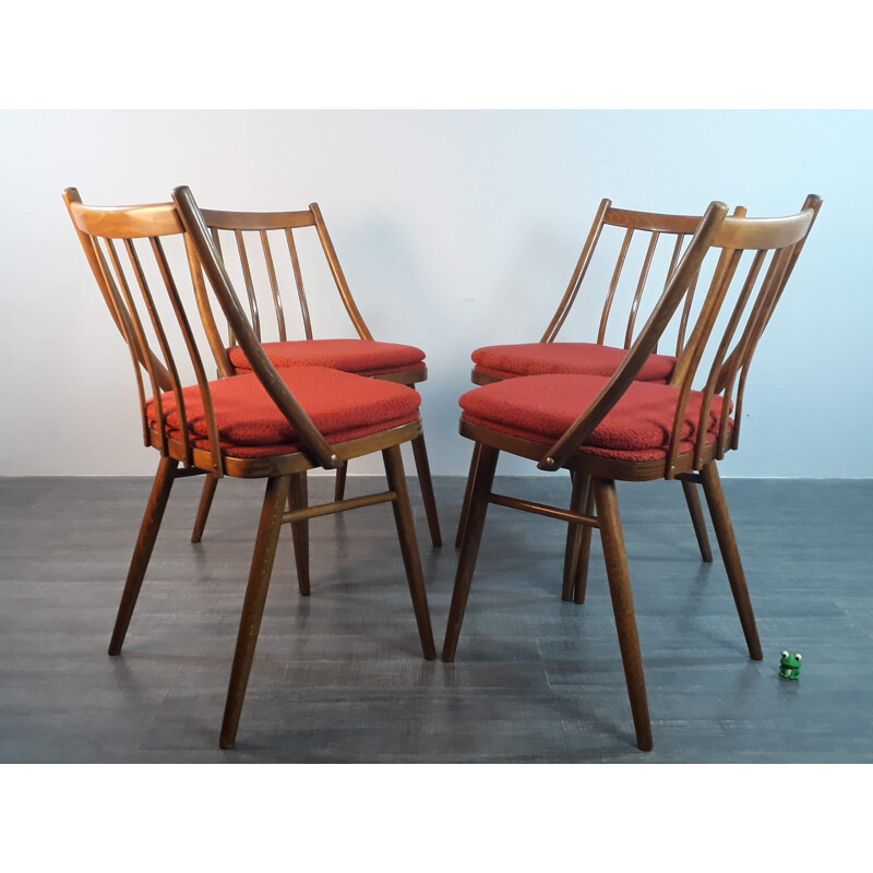 Set of 4 vintage chairs in red fabric and wood 1960
