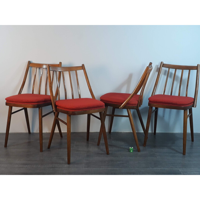 Ensemble de 4 chaises vintage en tissu rouge et bois 1960
