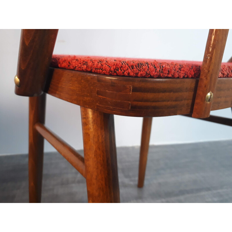 Ensemble de 4 chaises vintage en tissu rouge et bois 1960