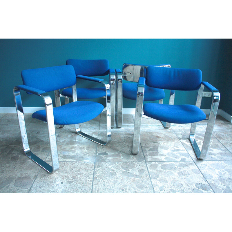 Set of 4 Mobel Italia armchairs in chrome steel and blue woolen fabric, Eero AARNIO - 1960s