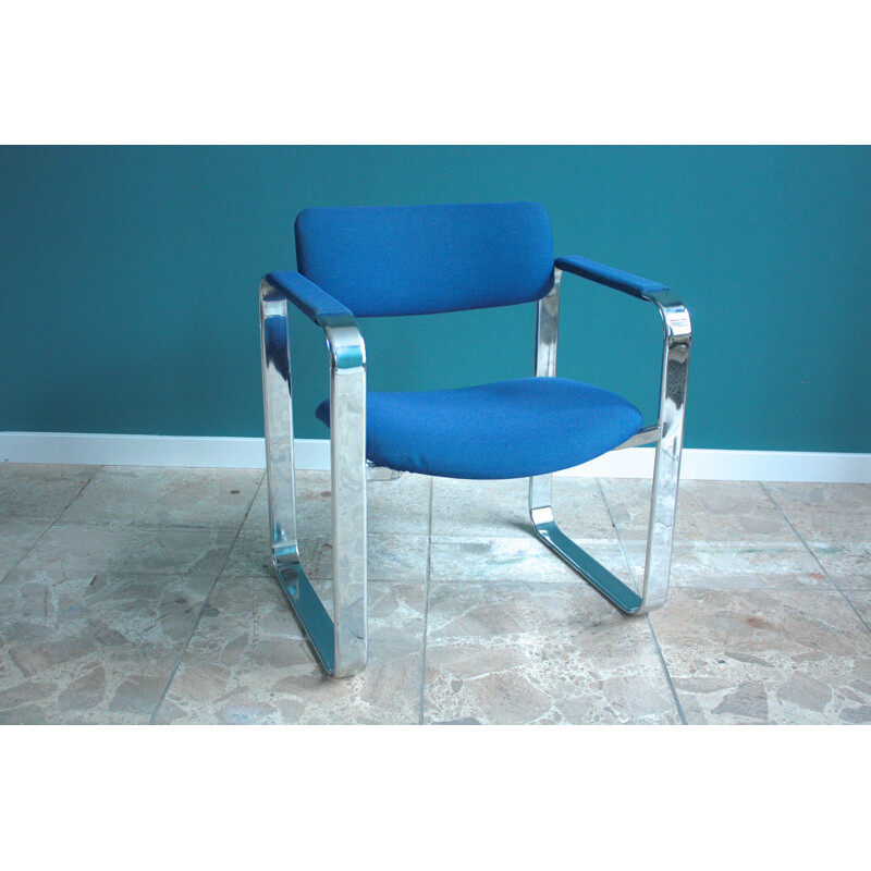 Set of 4 Mobel Italia armchairs in chrome steel and blue woolen fabric, Eero AARNIO - 1960s