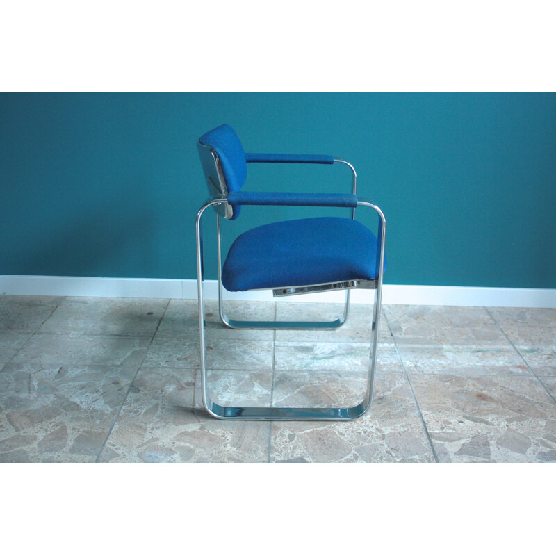 Set of 4 Mobel Italia armchairs in chrome steel and blue woolen fabric, Eero AARNIO - 1960s