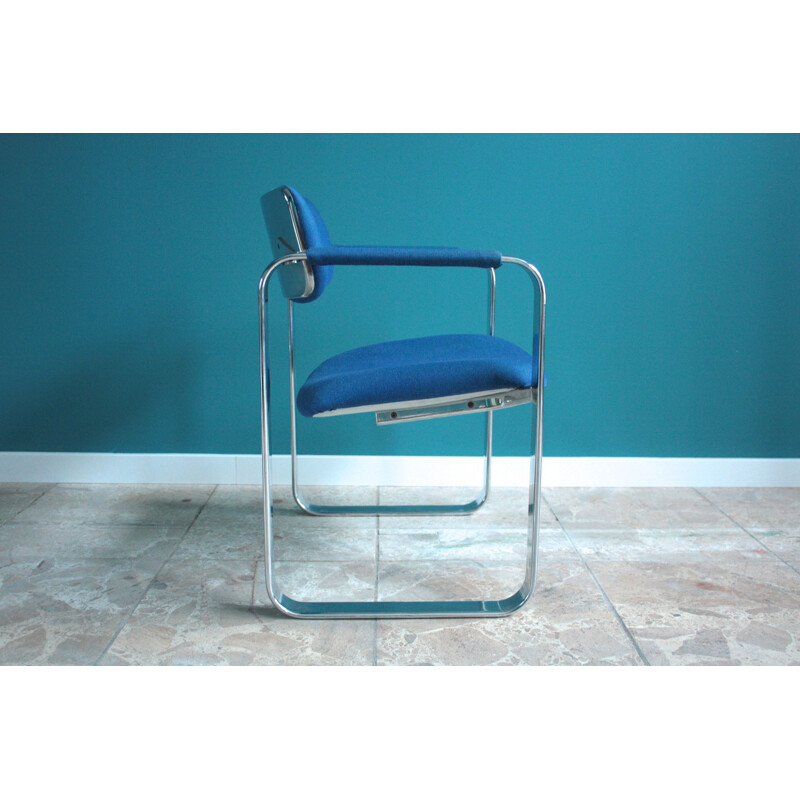 Set of 4 Mobel Italia armchairs in chrome steel and blue woolen fabric, Eero AARNIO - 1960s