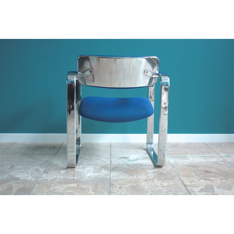 Set of 4 Mobel Italia armchairs in chrome steel and blue woolen fabric, Eero AARNIO - 1960s