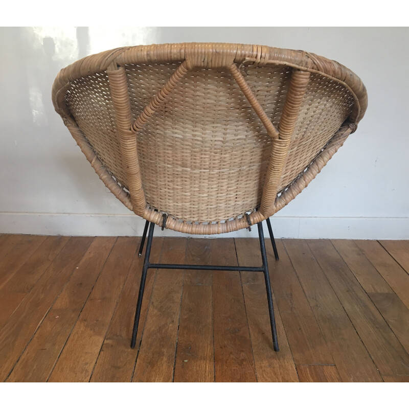 French vintage armchair in braided rattan and metal 1950