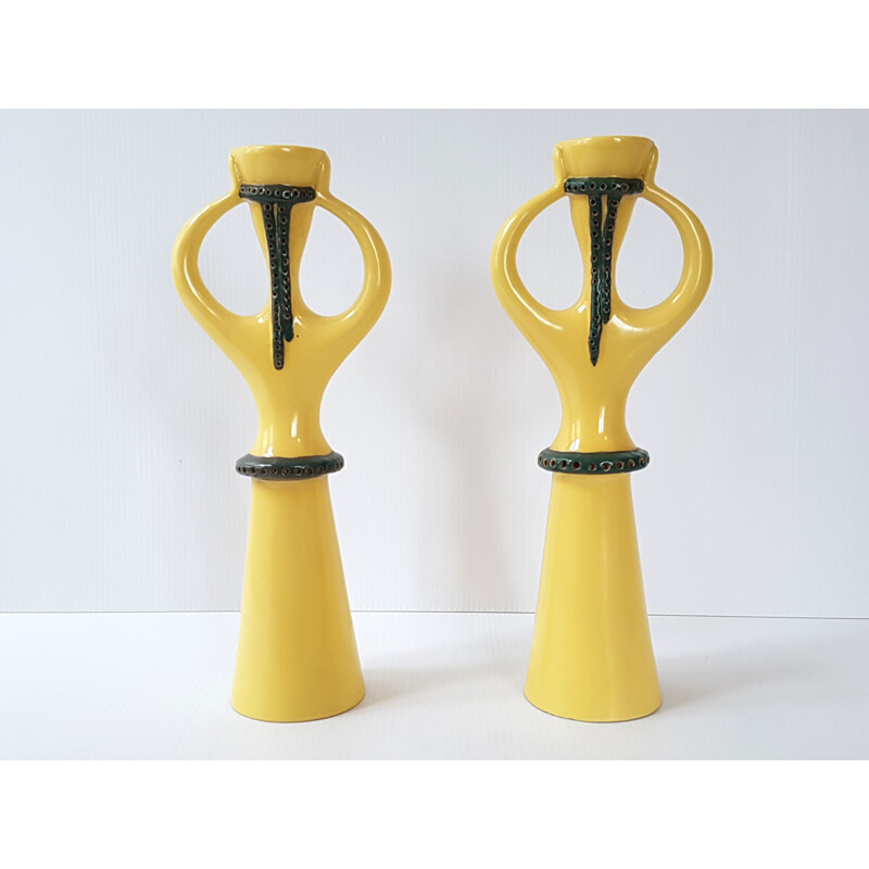 Pair of vintage candlesticks in yellow ceramic 1950
